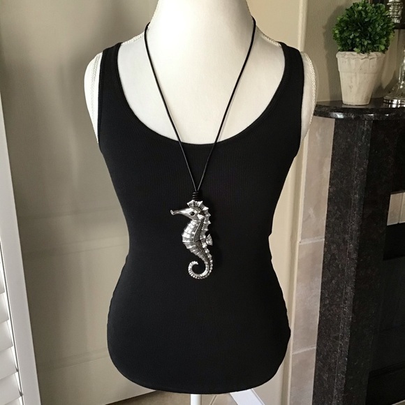 Unbranded Jewelry - NEW! Seahorse Statement Necklace Black Cord Rhinestone Eye Jointed Links Beachy